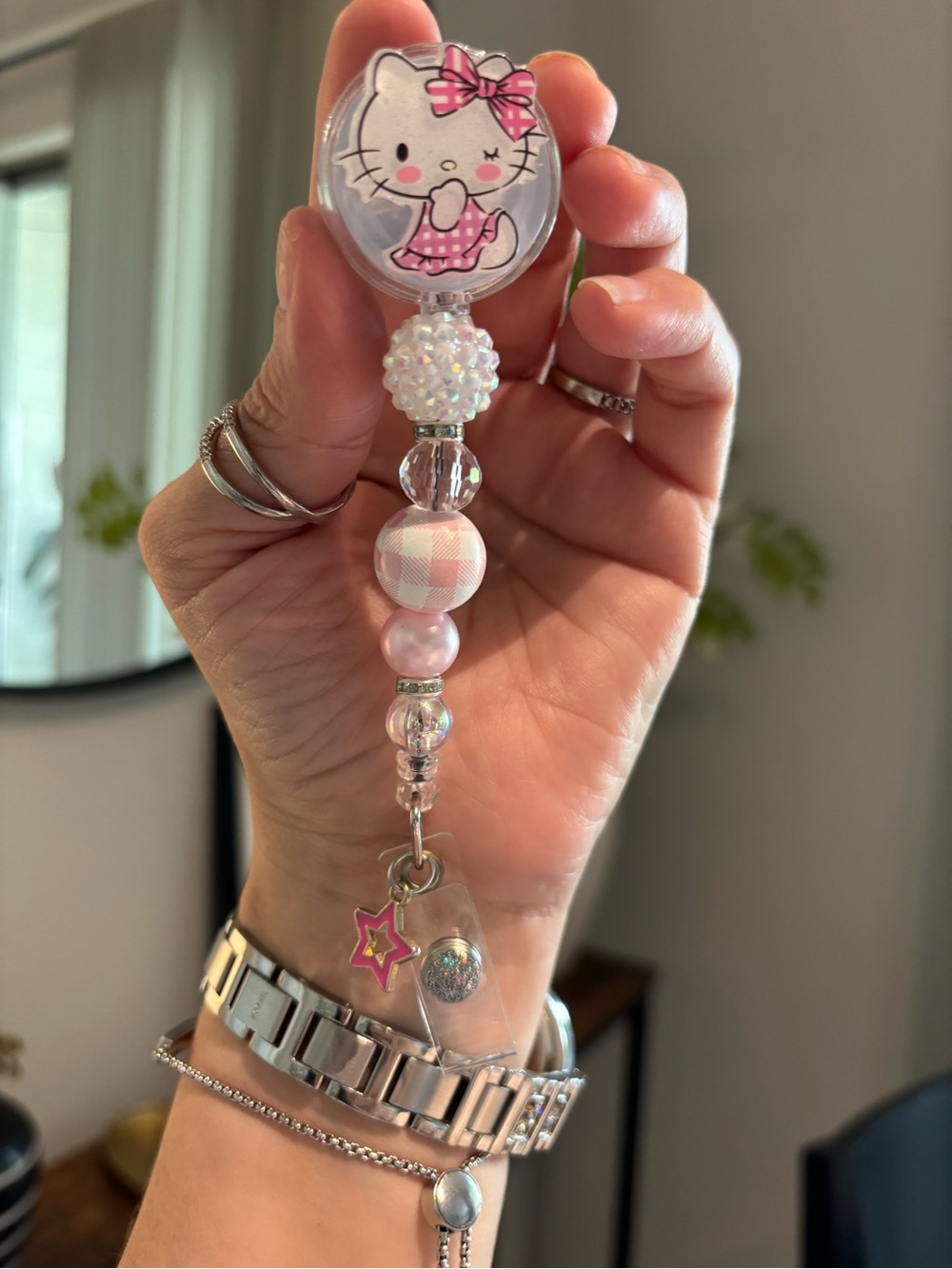 Handmade Pink Kitty Badge Reel with Gingham Beads & Star Charm